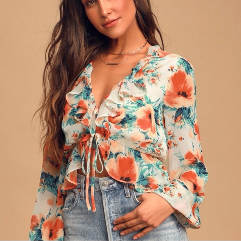 Lulu's Vibrant Floral Blouse Orange and Blue Ruffle Ruched Cropped Small